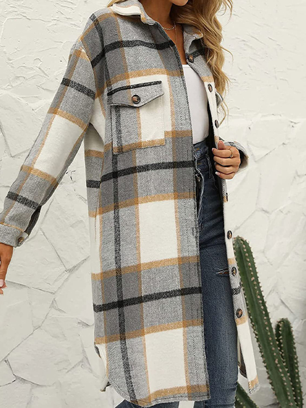 New long plaid lapel buttoned wool casual windbreaker jacket - Image 3