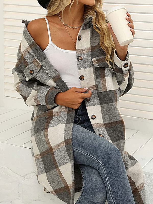New long plaid lapel buttoned wool casual windbreaker jacket - Image 9