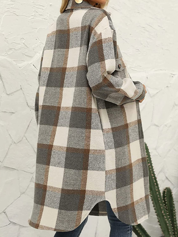 New long plaid lapel buttoned wool casual windbreaker jacket - Image 6