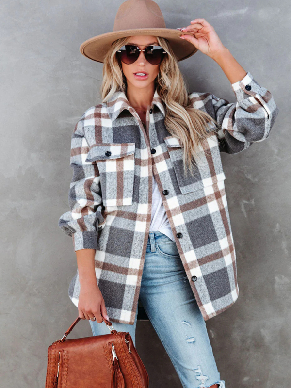 Women's Autumn and Winter Plaid Brushed Lapel Jacket - Image 2