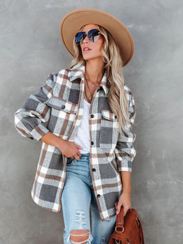 Women's Autumn and Winter Plaid Brushed Lapel Jacket - Image 3
