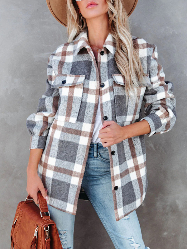 Women's Autumn and Winter Plaid Brushed Lapel Jacket - Image 4
