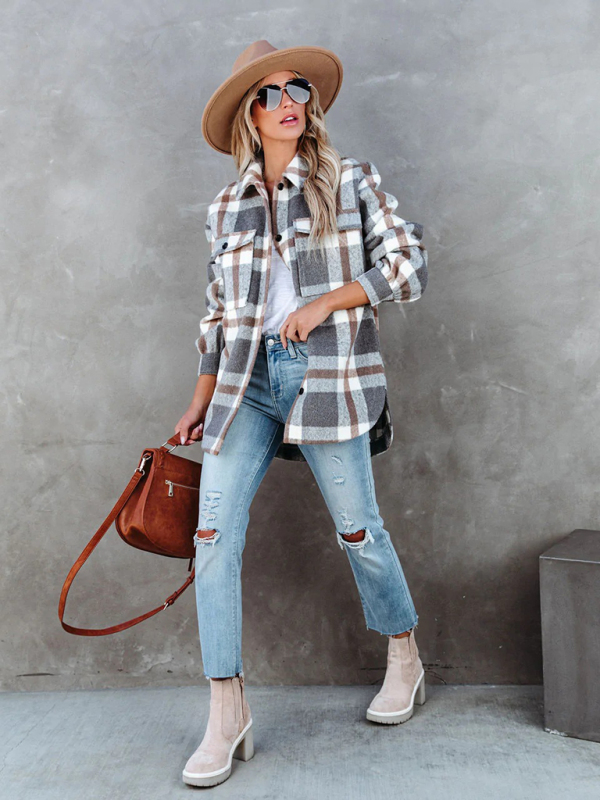 Women's Autumn and Winter Plaid Brushed Lapel Jacket - Image 5