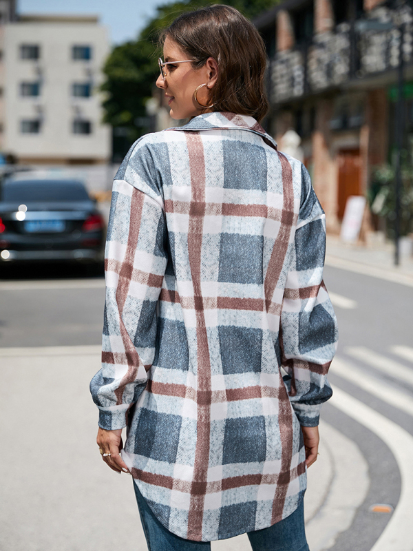Women's Autumn and Winter Street Plaid Lapel Long Woolen Jacket - Image 3