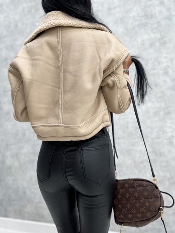 Women's new lamb wool short coat zipper motorcycle style jacket top - Image 5