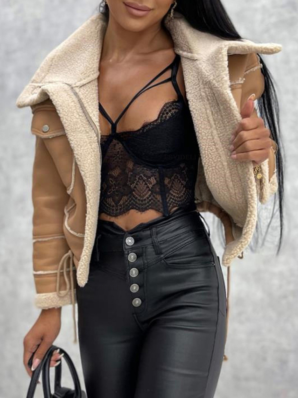 Women's new lamb wool short coat zipper motorcycle style jacket top - Image 2