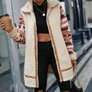 Color block printed lapel long zippered plush jacket