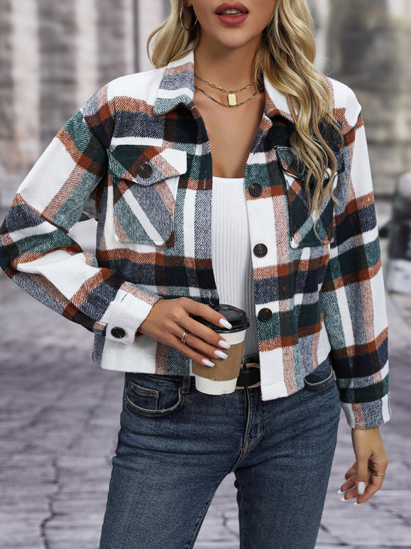 Women's short casual plaid button coat - Image 4