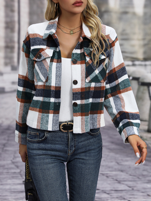 Women's short casual plaid button coat - Image 19