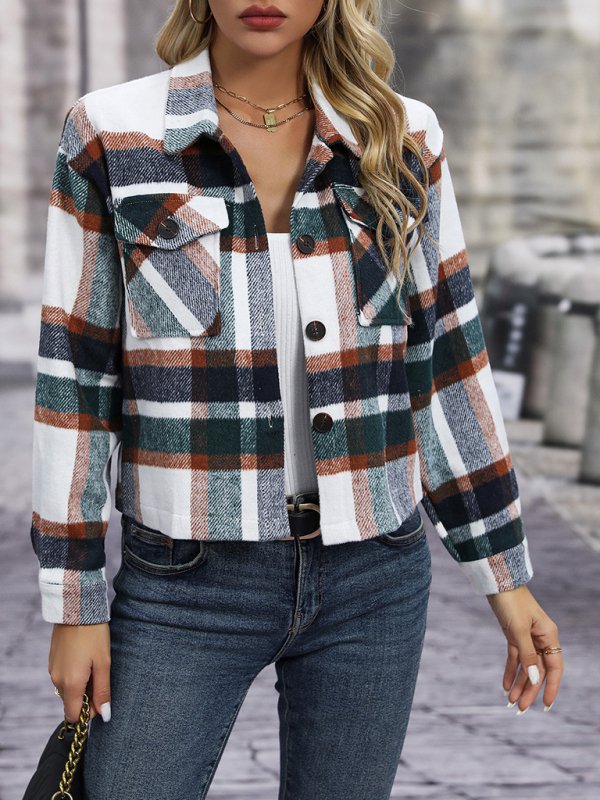Women's short casual plaid button coat - Image 17
