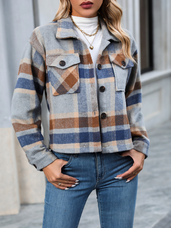 Women's short casual plaid button coat - Image 2