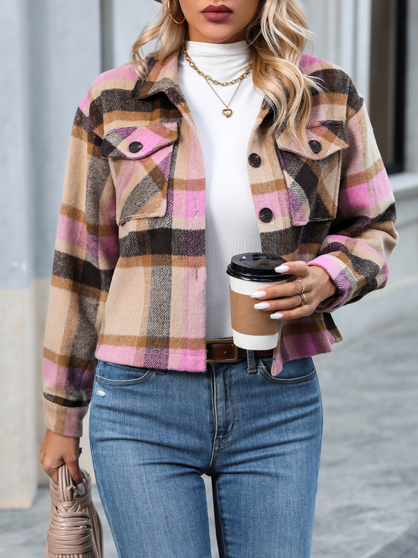 Women's short casual plaid button coat - Image 8