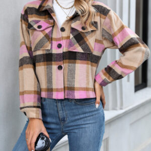 Women's short casual plaid button coat
