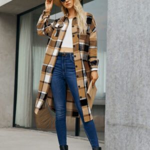 Plaid Button-Up Long Jacket with Flap Pockets