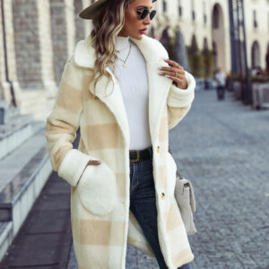 Women's lapel plaid single-breasted plush coat