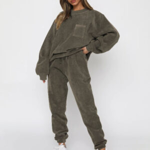 Women's New Corduroy Solid Color Round Neck Pullover Long Sleeve Pants Two-piece Set