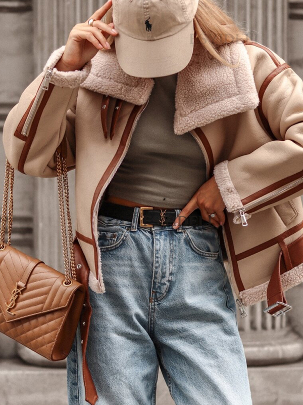 Women's new lapel lamb wool jacket women's street motorcycle style jacket - Image 4