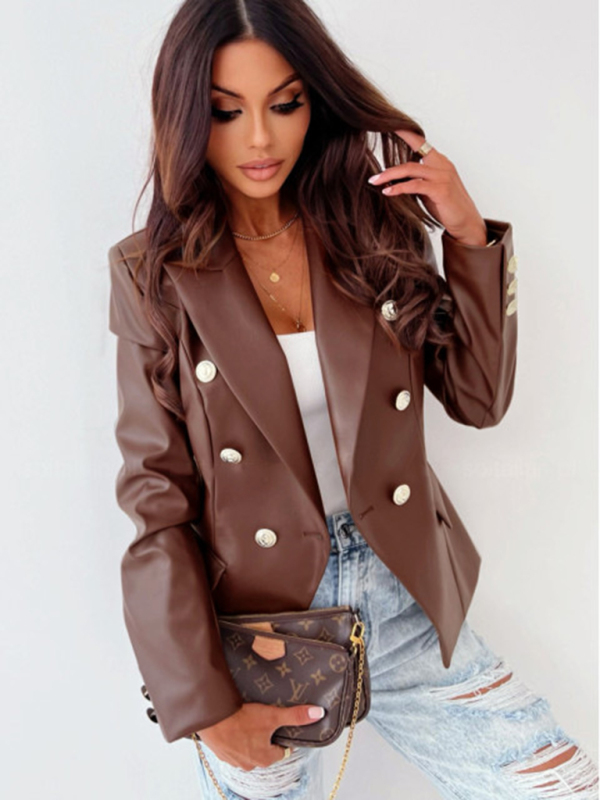 Women's new long-sleeved double-breasted fashionable PU leather suit - Image 15