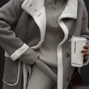 Women's patch pocket gray and white color block coat lapel one-piece fur coat