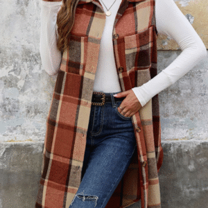 New Sleeveless Lapel Cardigan Jacket Retro Mid-Length Plaid Vest