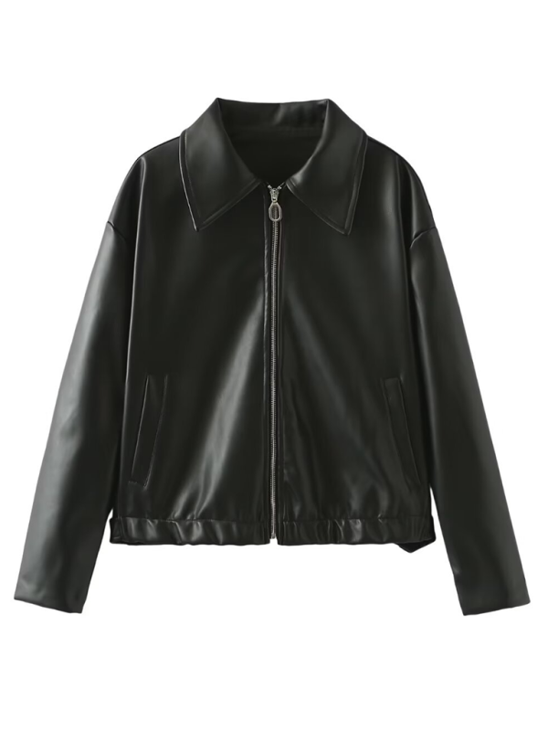 Ladies new casual solid color square collar leather jacket - Image 6