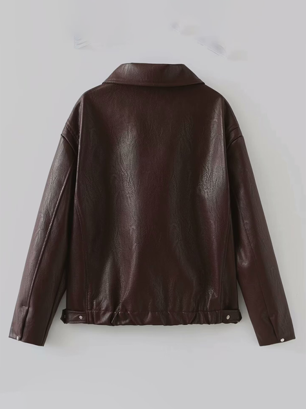 Ladies new casual solid color square collar leather jacket - Image 5