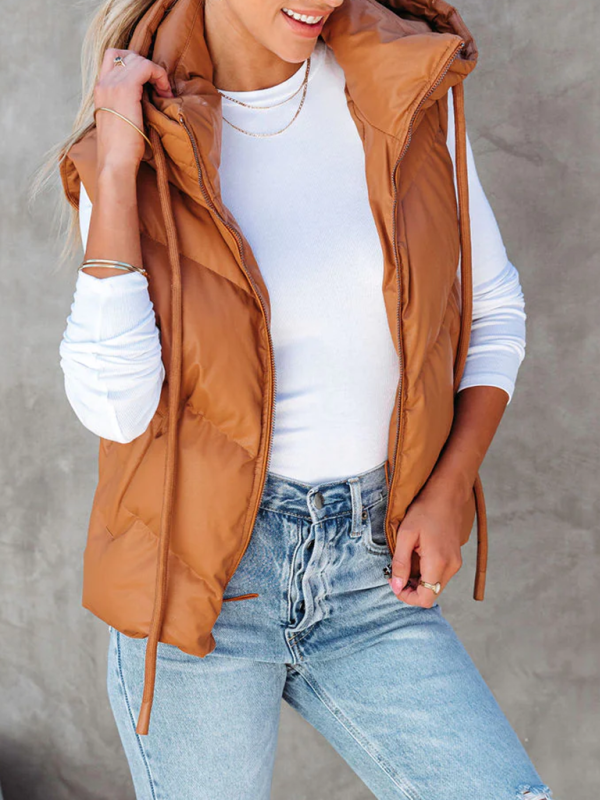 Women's Loose Thickened Short Hooded Down Cotton Sleeveless Double Pocket Vest - Image 12