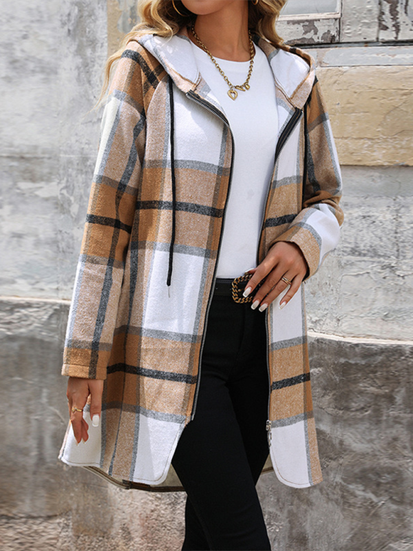 New retro classic plaid long jacket loose casual hooded jacket - Image 5