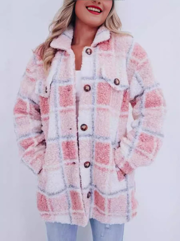 New multi-color plaid warm lapel jacket fashionable and versatile long-sleeved coat - Image 4