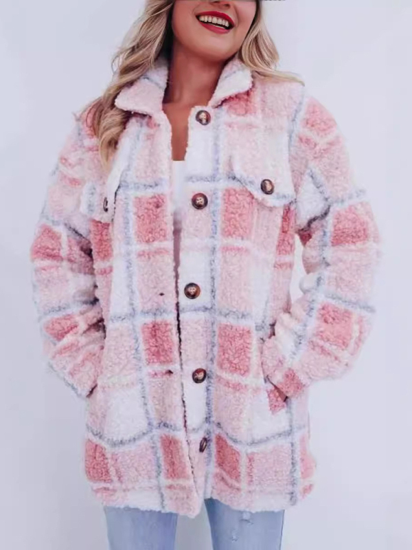 New multi-color plaid warm lapel jacket fashionable and versatile long-sleeved coat - Image 5