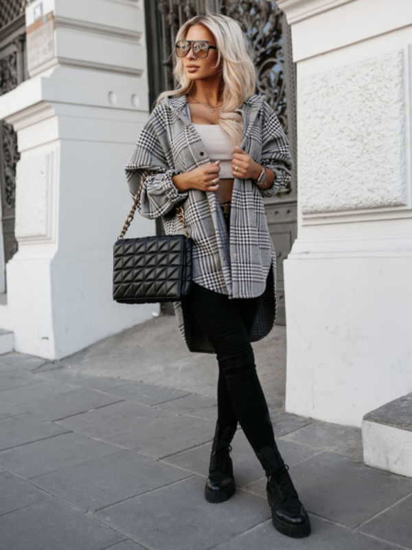 Ladies new loose fashion casual hooded plaid jacket - Image 11