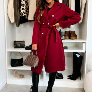 Winter simple and fashionable solid color double-breasted tie-strap woolen coat for women