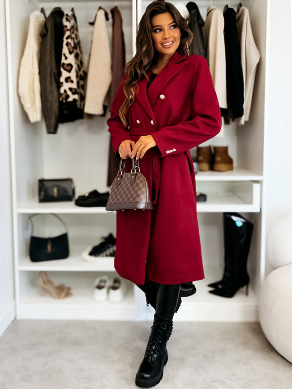 Winter simple and fashionable solid color double-breasted tie-strap woolen coat for women - Image 7