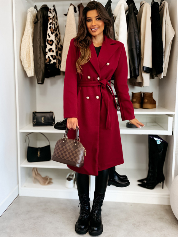Winter simple and fashionable solid color double-breasted tie-strap woolen coat for women - Image 9
