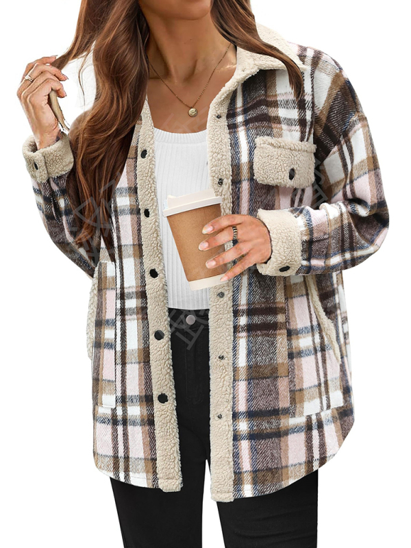 Casual autumn and winter coat contrast color plaid jacket casual lapel velvet coat - Image 4