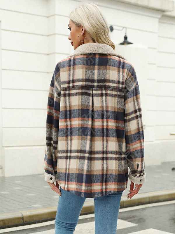 Casual autumn and winter coat contrast color plaid jacket casual lapel velvet coat - Image 6