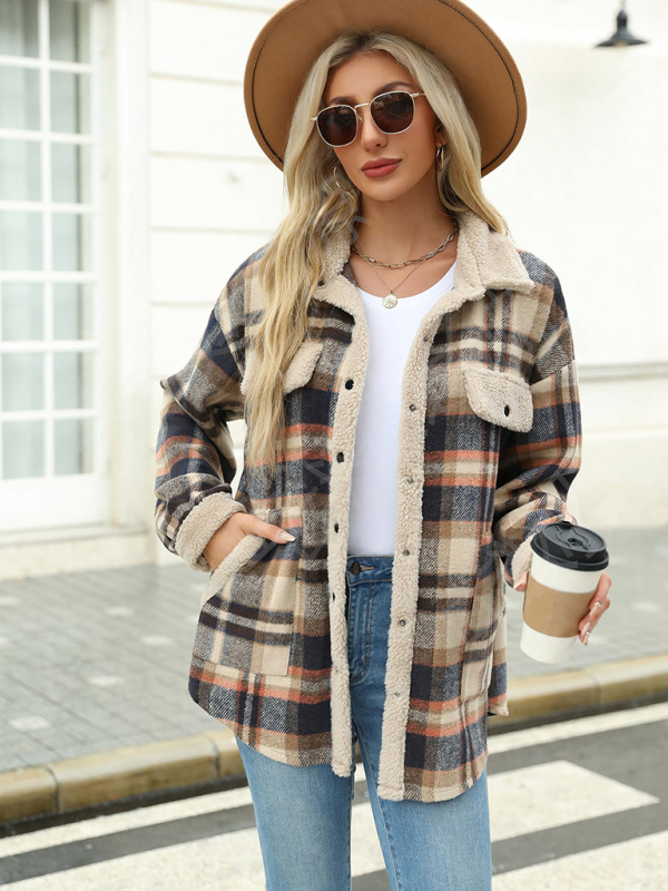 Casual autumn and winter coat contrast color plaid jacket casual lapel velvet coat - Image 7