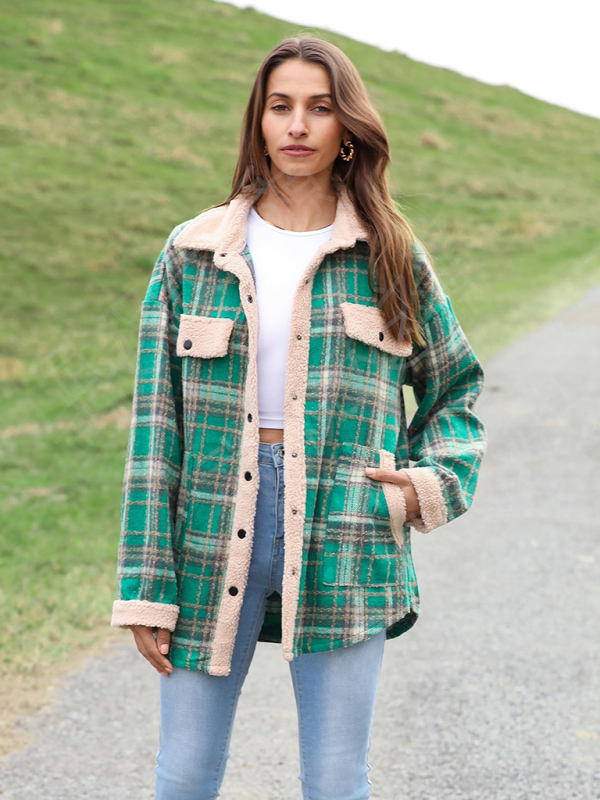 Casual autumn and winter coat contrast color plaid jacket casual lapel velvet coat - Image 9