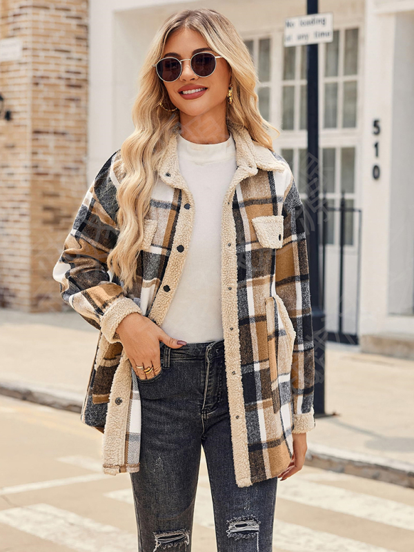 Casual autumn and winter coat contrast color plaid jacket casual lapel velvet coat - Image 3