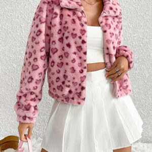 New Zipper Long Sleeve Valentine's Day Love Leopard Print Plush Jacket