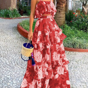 Fashionable holiday style camisole top with printed ruffle skirt two-piece set