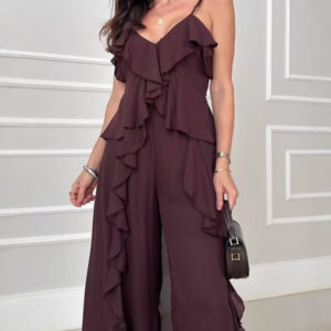 Women's solid color chiffon V-neck suspenders ruffled straight pants two-piece set