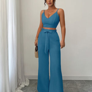 Peacock Blue Suspender Vest Wide Leg Pants Two-Piece Set