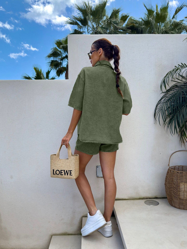 Casual loose short-sleeved shirt and denim shorts set - Image 10