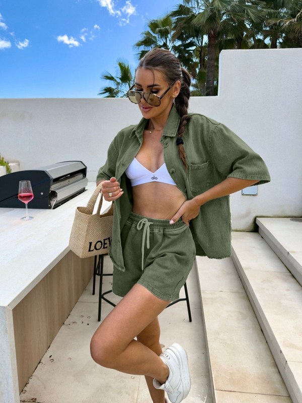 Casual loose short-sleeved shirt and denim shorts set - Image 11