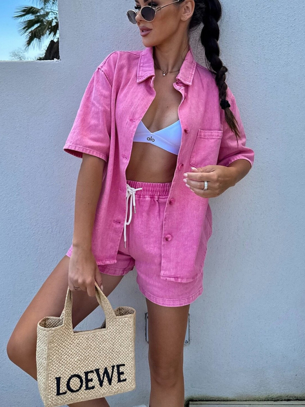 Casual loose short-sleeved shirt and denim shorts set