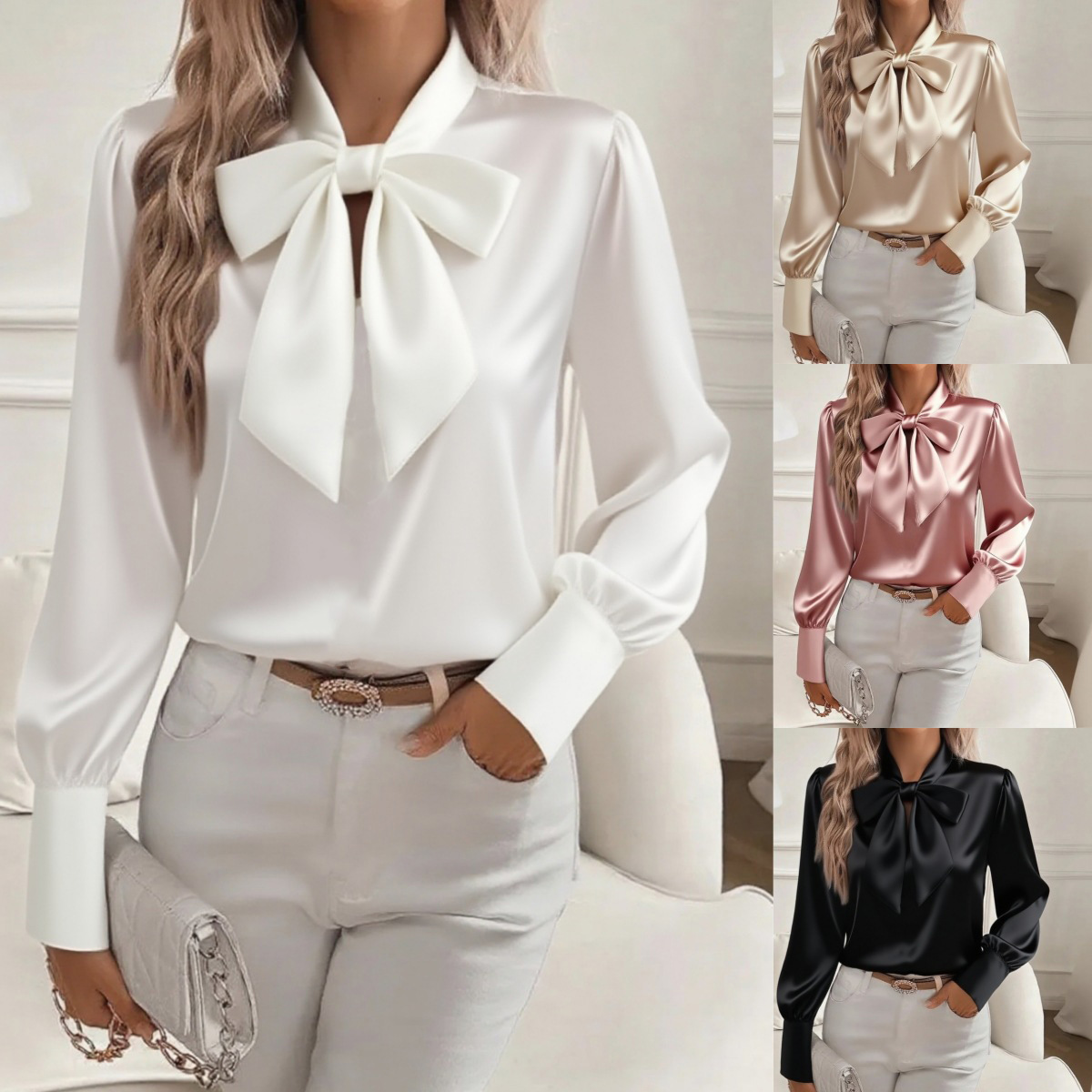 Women's Satin Bow Blouse - Image 5