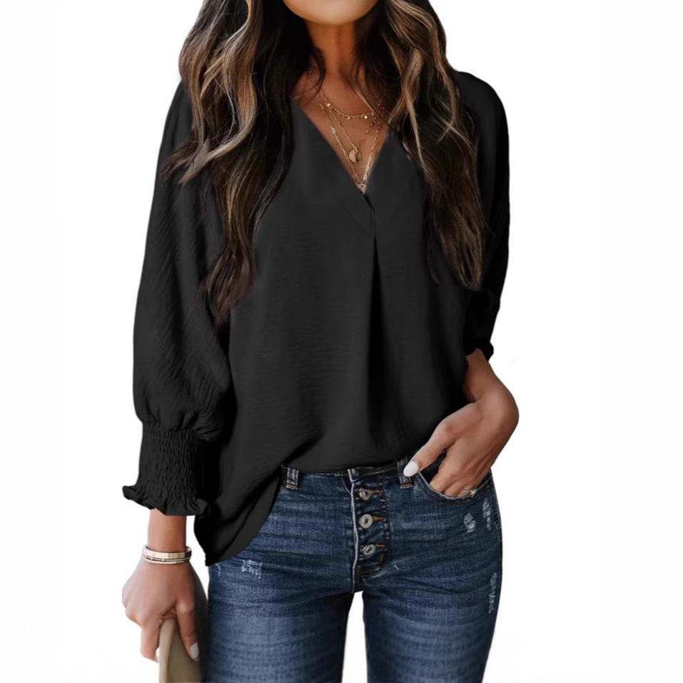 Womens V Neck Bat Sleeve Loose Blouse - Image 2
