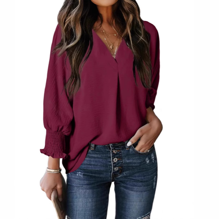 Womens V Neck Bat Sleeve Loose Blouse - Image 4