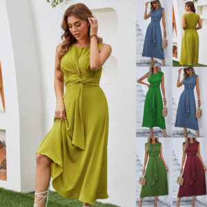 Sleeveless A-Line Dress with Waist Tie